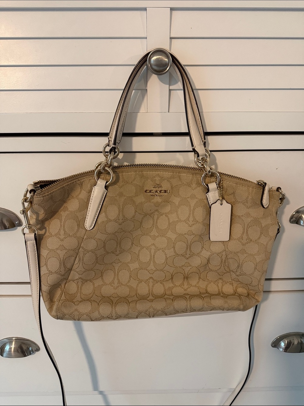 Coach Tan Signature Canvas Shoulder Bag with Chalk Trim